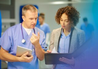 Pharma sales representative educating a HCP